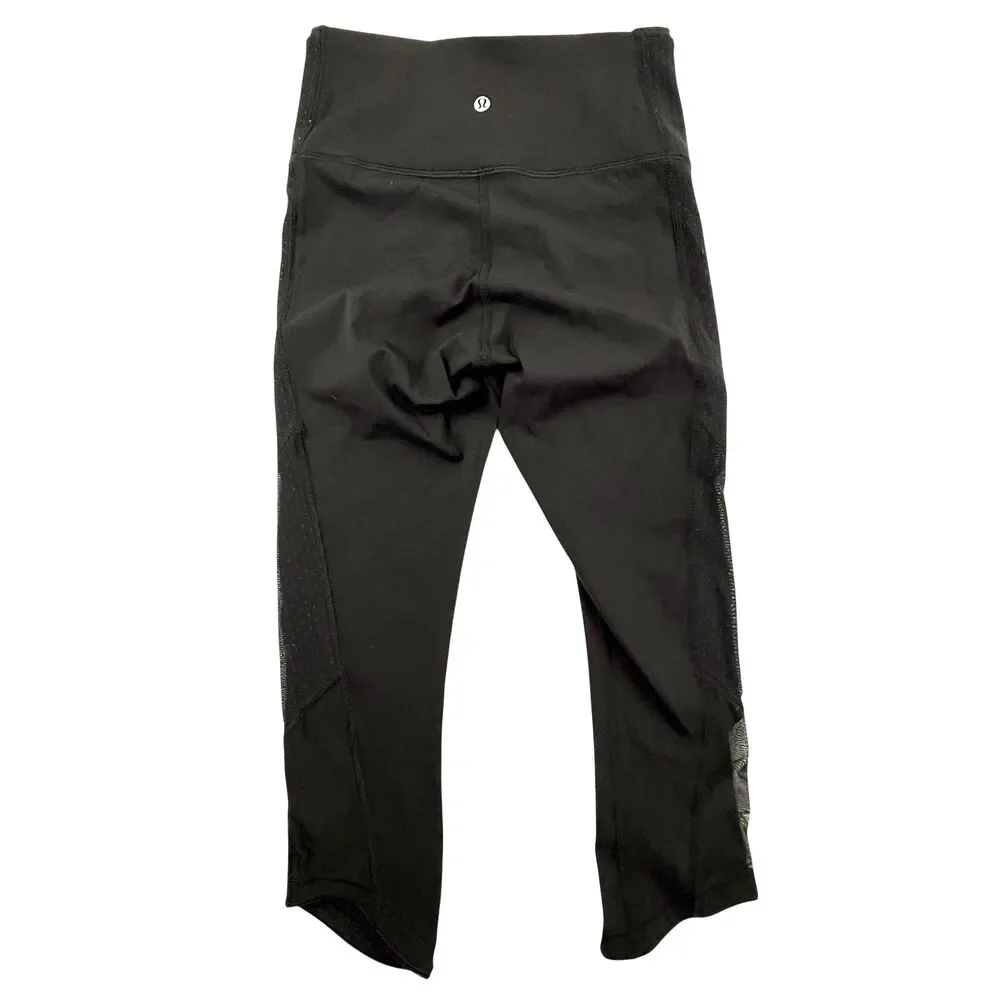 Lululemon Swiss Dot Cropped Leggings Women Size 6 Black Yoga Lace Mesh Sides